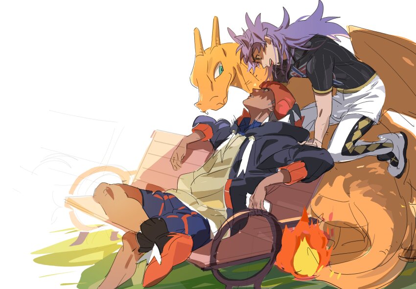 2boys absurdres bench black_hair black_hoodie ch_walnut champion_uniform charizard commentary crossed_legs eye_contact fire flame-tipped_tail gen_1_pokemon headband highres hood hood_down hoodie leggings leon_(pokemon) long_hair looking_at_another male_focus multiple_boys nintendo orange_headband pokemon pokemon_(creature) pokemon_swsh purple_hair raihan_(pokemon) shirt shoes short_sleeves shorts sitting tail tassel white_background white_leggings white_shoes white_shorts