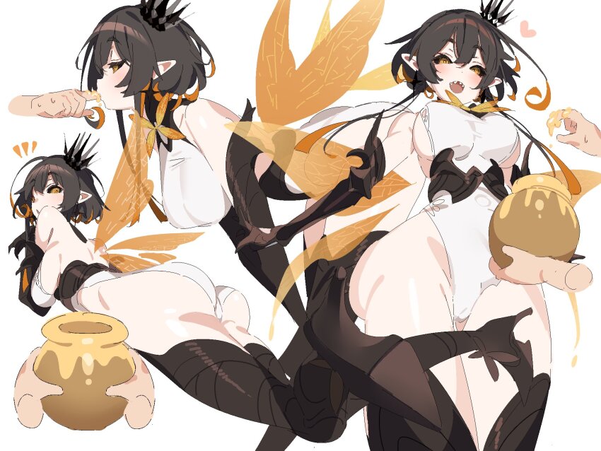 1girl 1other ahoge arthropod_girl ass bare_shoulders bee_girl bee_wings black_hair black_sclera borrowed_character breasts chrom_(ac8231) colored_sclera commission crown elbow_gloves gloves heart highres honey honeypot insect_girl insect_wings large_breasts leotard looking_at_viewer looking_back lying monster_girl multicolored_hair on_stomach open_mouth orange_hair original pointy_ears sharp_teeth sideboob sidelocks simple_background skeb_commission smile teeth white_background white_leotard wings xwaixxwaix
