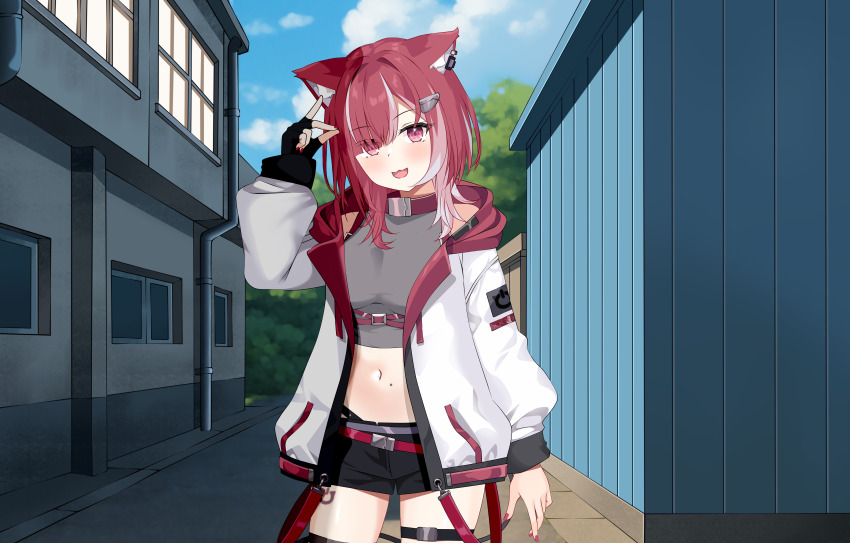 1girl animal_ear_fluff animal_ears belly belt blush building cat_ears cloud cloudy_sky commission eyes_visible_through_hair fingerless_gloves fingernails gloves highres jacket kiniro_tofu looking_at_viewer lyko_lianna multicolored_hair navel open_mouth outdoors pants pink_eyes pink_hair shadow short_hair shorts sky smile solo standing tree v4mirai virtual_youtuber