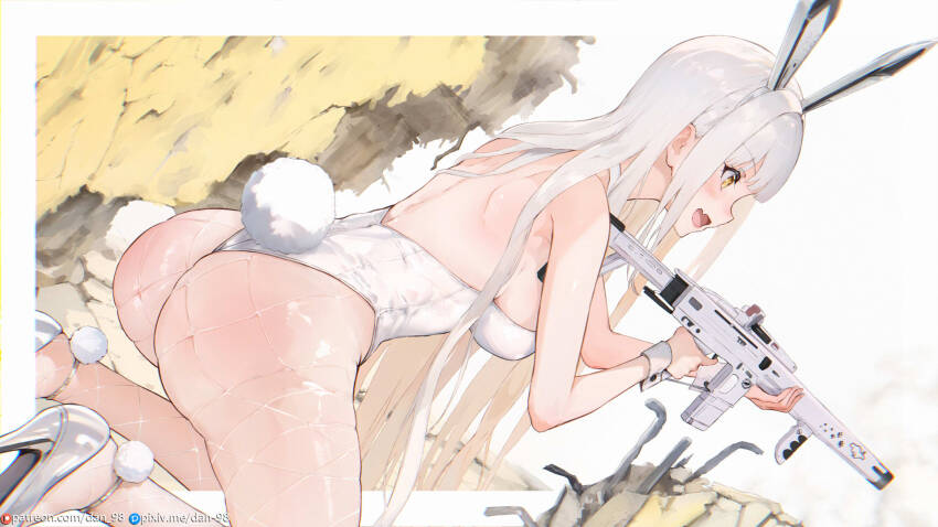 1girl animal_ears ass blanc_(nikke) breasts dan-98 fake_animal_ears fake_tail fishnet_pantyhose fishnets from_behind goddess_of_victory:_nikke gun high_heels highres holding holding_gun holding_weapon large_breasts leotard long_hair medium_breasts pantyhose playboy_bunny rabbit_ears rabbit_tail solo tail weapon white_footwear white_hair white_leotard yellow_eyes
