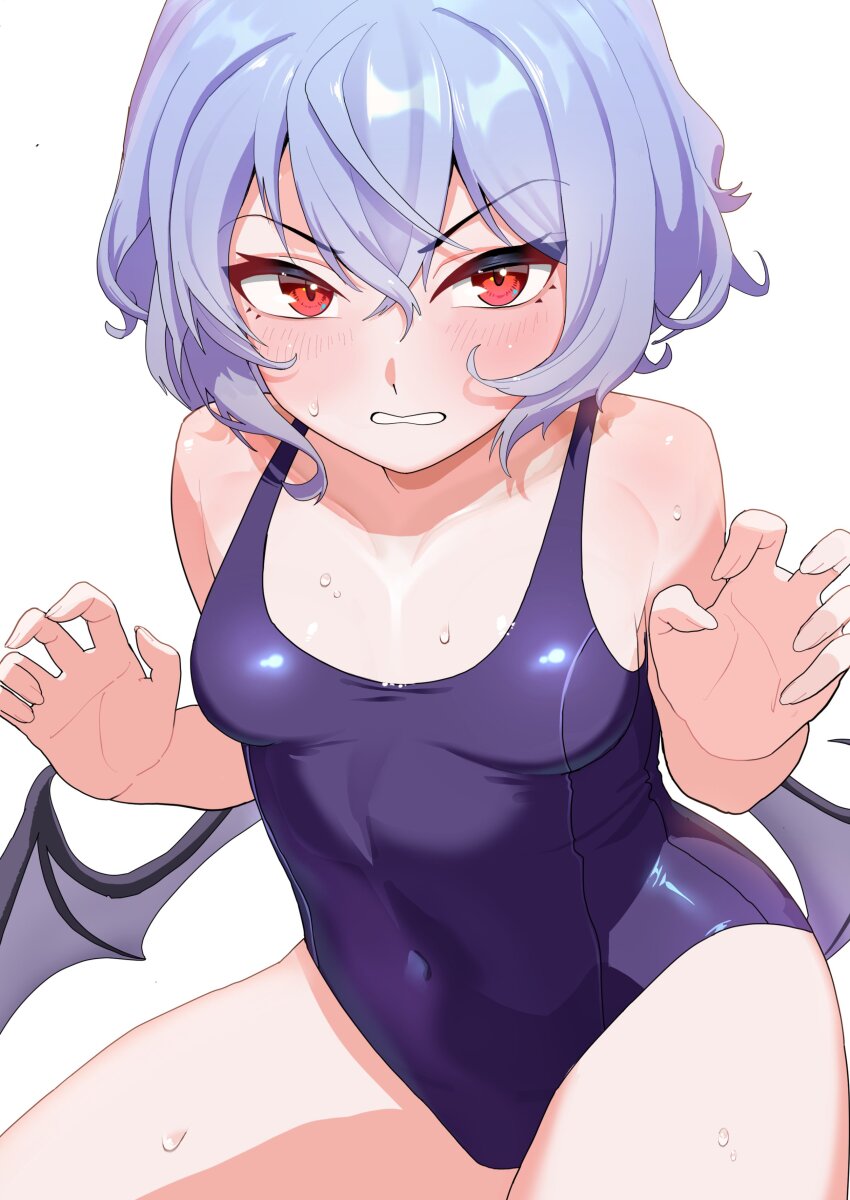 1girl absurdres bare_shoulders bat_wings blue_hair blue_one-piece_swimsuit blush breasts claw_pose commentary_request covered_navel gao hair_between_eyes highres looking_at_viewer old_school_swimsuit one-piece_swimsuit open_mouth red_eyes remilia_scarlet school_swimsuit short_hair simple_background small_breasts solo sweat sweatdrop swimsuit thighs touhou urizaku3 white_background wings