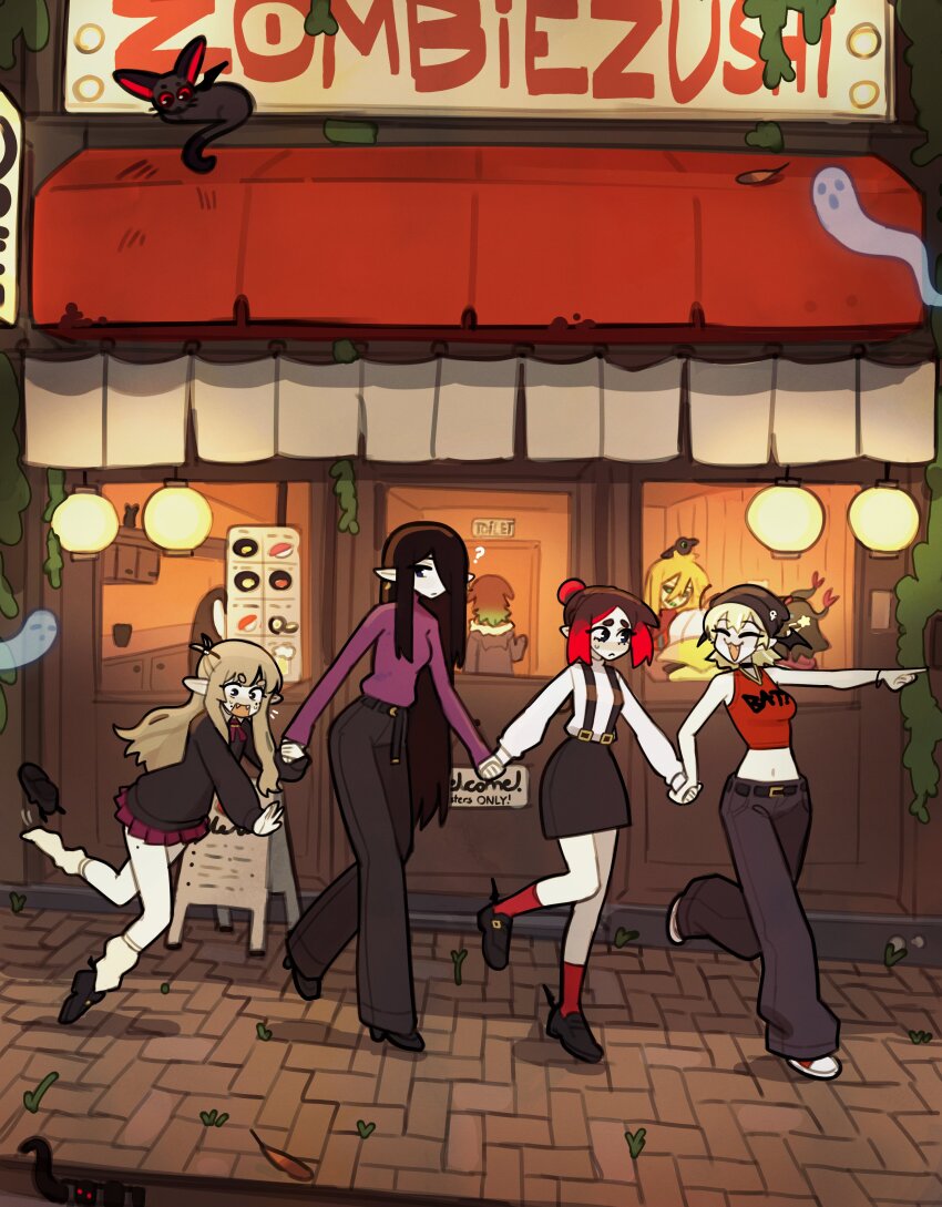 6+girls :&lt; :3 :d ? ^_^ absurdres bare_legs beanie belt black_belt black_hat black_pants black_shoes black_skirt blonde_hair brown_hair closed_eyes clothes_writing eleanor_(justadrian) fangs ghost hair_bun hair_over_one_eye hat highres holding_hands justadrian_(yoadriandk) lantern licorice_(justadrian) loafers long_hair long_pointy_ears long_sleeves mavie_(justadrian) menu_board midriff miniskirt mole mole_on_thigh multiple_girls open_mouth original outdoors pale_skin pants paper_lantern pink_shirt pleated_skirt pointing pointy_ears red_hair red_skirt red_socks scarlett_(justadrian) shirt shoes short_hair skirt smile socks suspender_skirt suspenders tripping very_long_hair