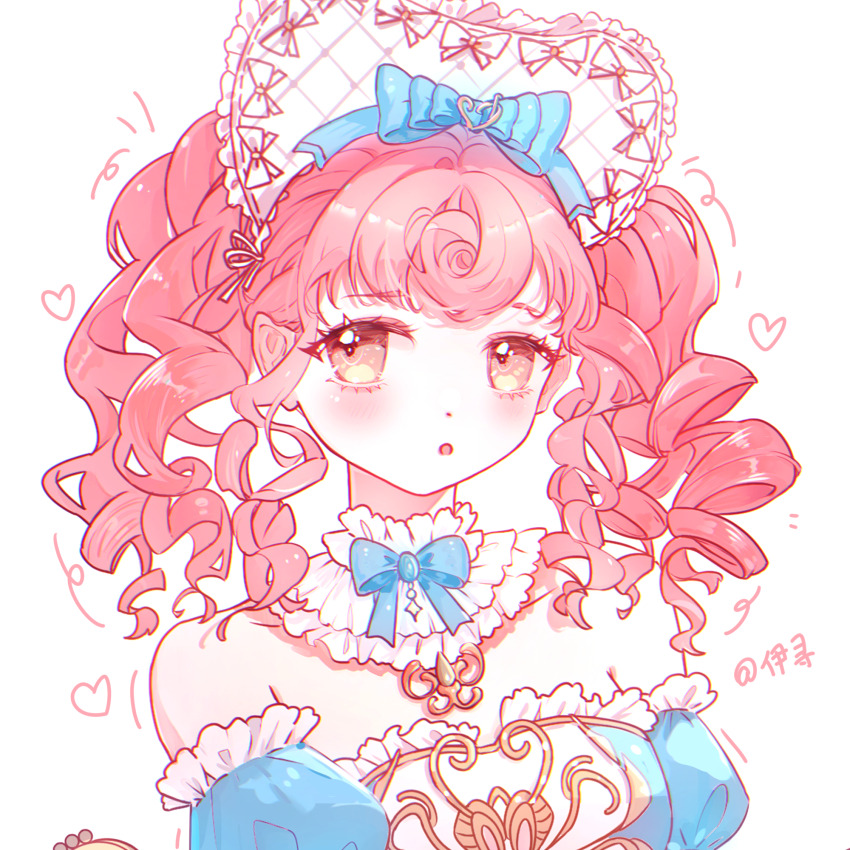 1girl :o argyle_bonnet artist_name bare_shoulders blue_bow blue_bowtie blue_dress blue_sleeves bonnet bow bowtie brown_eyes chazui_ranyi chinese_commentary classic_lolita collar commentary_request curly_hair detached_collar detached_sleeves dot_nose dress drill_hair eyelashes fortissimo frilled_collar frilled_dress frilled_headwear frilled_sleeves frills gold_necklace hair_bow hair_ornament hair_ribbon heart heart-shaped_bonnet highres infinity_nikki jewelry light_blush lolita_fashion long_hair motion_lines multiple_hat_bows musical_note musical_note_hair_ornament necklace nikki_(series) notice_lines open_mouth orange_hair puffy_short_sleeves puffy_sleeves ribbon ribbon-trimmed_headwear ribbon_trim short_sleeves simple_background solo strapless strapless_dress timeless_melody_(infinity_nikki) twintails two-tone_dress upper_body white_background white_bonnet white_bow white_collar white_dress white_ribbon winding_key