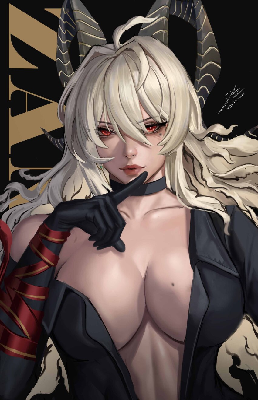 1girl absurdres arm_up artist_name black_choker black_horns black_shirt breasts bright_pupils choker cleavage closed_mouth collarbone curled_horns earrings grey_hair hair_between_eyes highres horns jewelry key_earrings large_breasts lips long_hair looking_at_viewer meister_staze mole mole_on_breast necktie necktie_around_wrists red_eyes red_necktie shirt solo upper_body white_pupils wuthering_waves zani_(wuthering_waves)