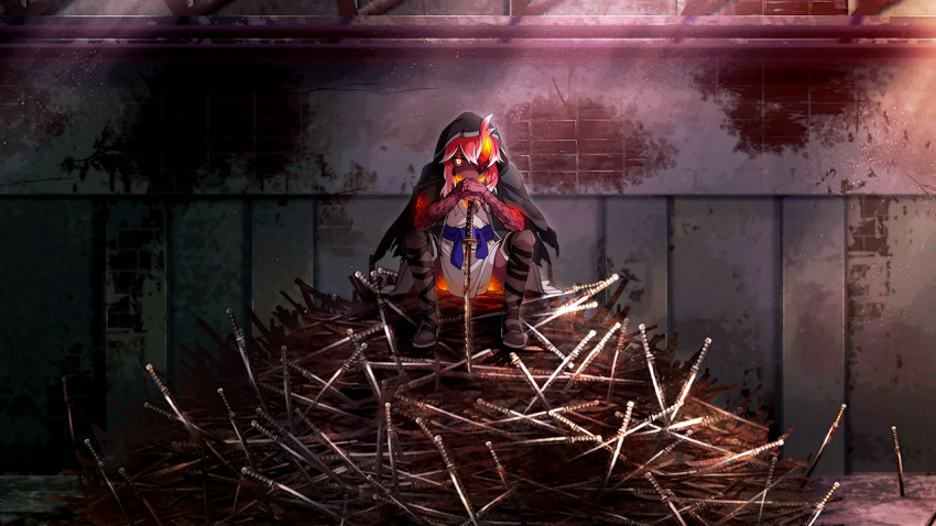 1girl aratama_(toji_no_miko) black_cloak cloak colored_skin full_body game_cg hood hood_up hooded_cloak horns japanese_clothes katana kimono looking_at_viewer mutation non-web_source one-eyed pile_of_swords planted planted_sword planted_weapon red_eyes red_hair red_skin rust single_horn solo suruga_(toji_no_miko) sword toji_no_miko toji_no_miko:_kizamishi_issen_no_tomoshibi weapon white_kimono