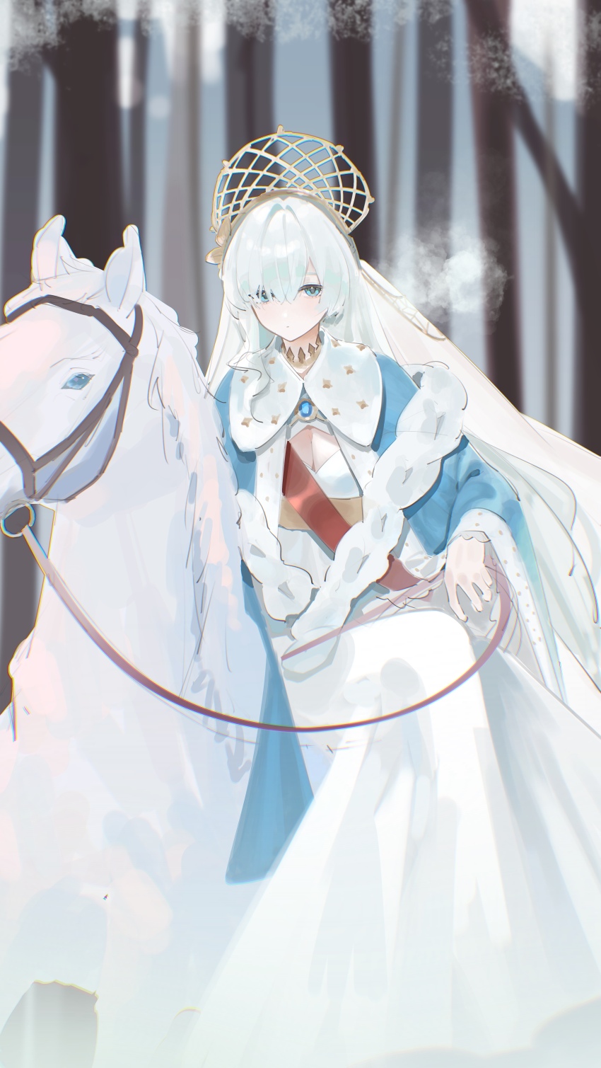 1girl absurdres anastasia_(fate) blue_cloak blue_eyes breasts chinese_commentary cleavage cleavage_cutout cloak clothing_cutout commentary_request dress e-razor fate/grand_order fate_(series) hair_between_eyes hair_over_one_eye highres horse jewelry long_dress long_hair looking_at_viewer multicolored_cloak nature on_animal outdoors sitting_on_animal solo tiara tree two-tone_cloak veil white_cloak white_dress white_hair white_veil winter yellow_tiara