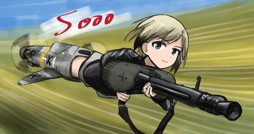 1girl black_jacket blonde_hair blue_eyes blurry blurry_background erica_hartmann flying gun highres holding holding_gun holding_weapon jacket kk90 looking_at_viewer military military_uniform mp40 solo strike_witches striker_unit submachine_gun weapon world_witches_series