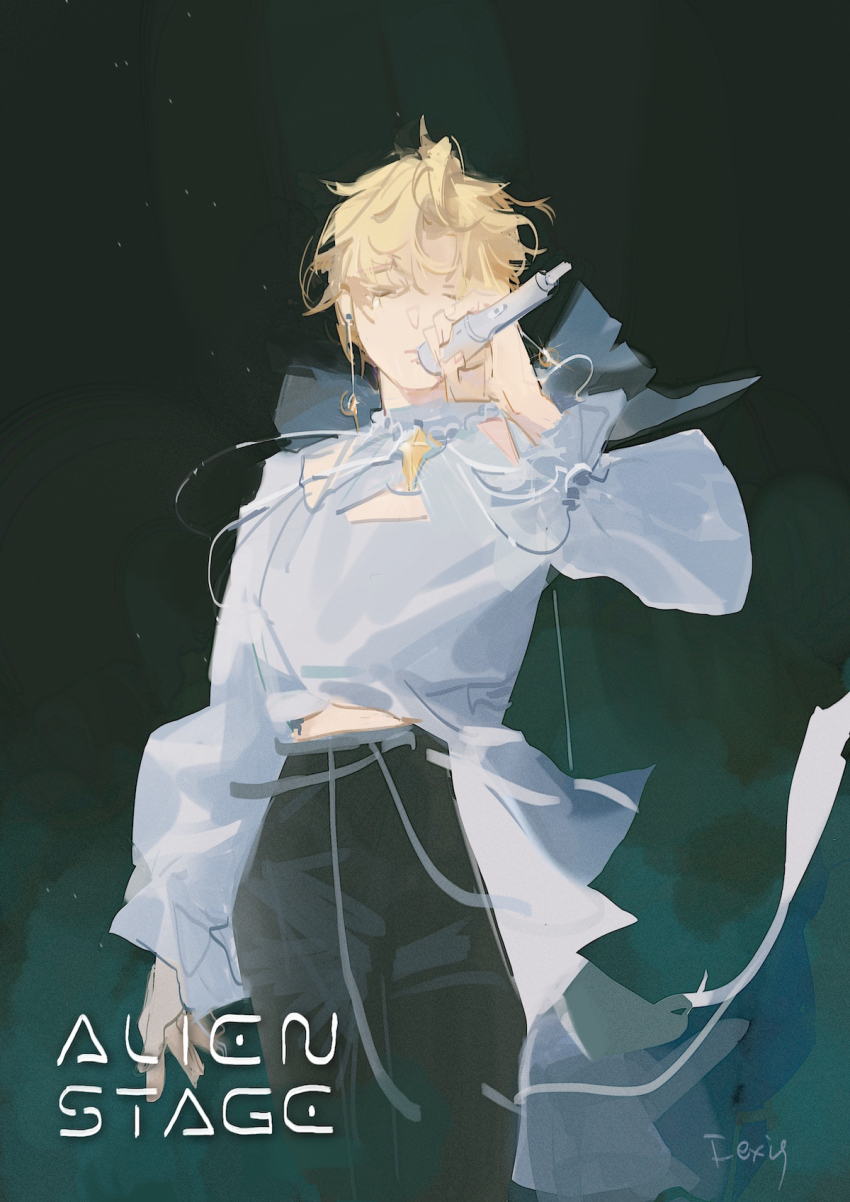 1boy alien_stage black_pants blonde_hair chinese_commentary closed_eyes clothing_cutout commentary_request copyright_name cowboy_shot earrings fexis frilled_sleeves frills highres holding holding_microphone jewelry long_sleeves luka_(alien_stage) male_focus microphone pants shirt short_hair signature solo white_shirt