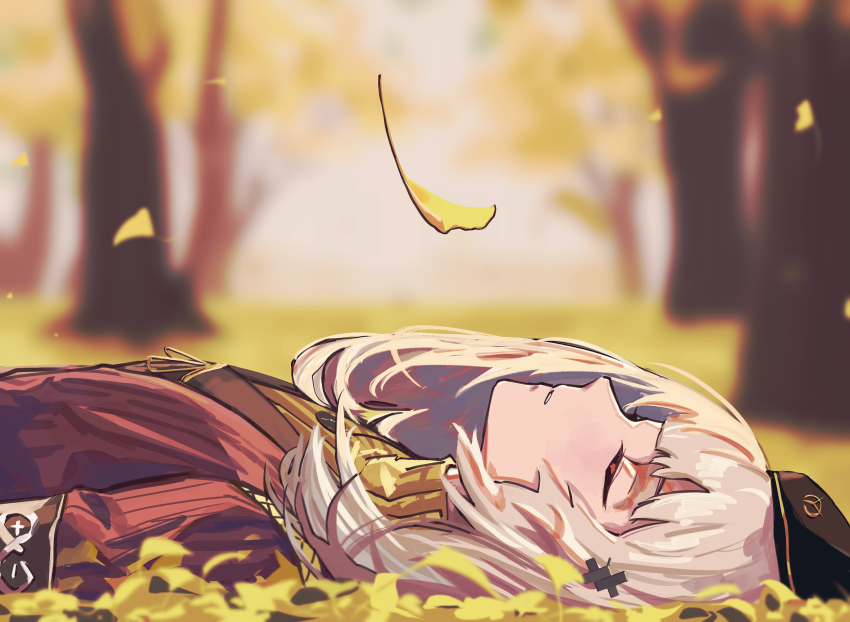 1girl arknights bad_id bad_pixiv_id black_headwear blurry blurry_background closed_eyes commentary falling_leaves ginkgo_tree hair_ornament highres leaf lying medium_hair official_alternate_costume on_back on_ground outdoors parted_lips ptilopsis_(arknights) ptilopsis_(serenity)_(arknights) purple_sweater rhodes_island_logo_(arknights) silver_hair solo sweater symbol-only_commentary tree upper_body x_hair_ornament zy_(zyyyyyyy9)