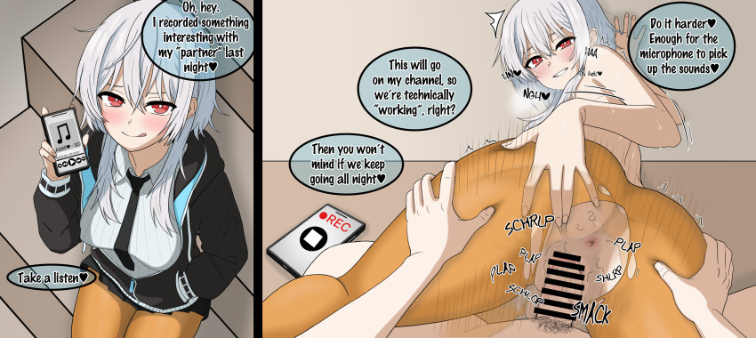 1boy 1girl absurdres anus black_jacket black_necktie cellphone closed_mouth erection grabbing_another&#039;s_ass groping highres jacket kirino_iko long_hair long_sleeves looking_at_viewer looking_back mayonaka_heart_tune necktie nionzore open_mouth orange_pantyhose pantyhose penis phone red_eyes school_uniform sex shirt sitting smile speech_bubble tongue tongue_out vaginal white_hair white_shirt