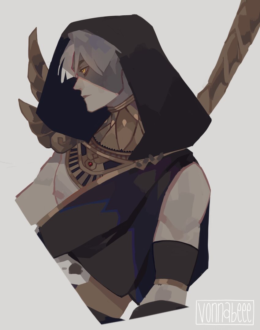 1boy armband bare_pectorals black_armband black_robe closed_mouth commentary cropped_arms cropped_torso dark-skinned_male dark_skin english_commentary greco-roman_clothes hades_(series) hades_1 highres hood hood_up hooded_robe jewelry looking_ahead male_focus nipples off_shoulder partially_shaded_face pectorals profile robe solo thanatos_(hades) twitter_username vonnabeee white_hair