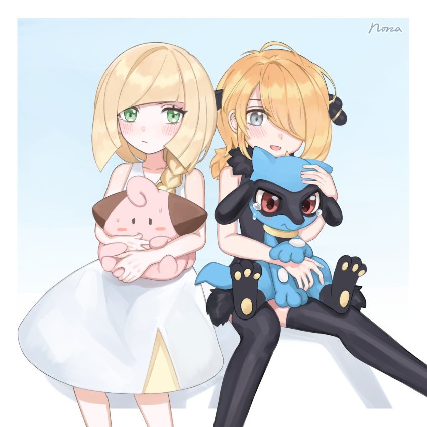 2girls aged_down bad_id bare_arms black_legwear blonde_hair blush blush_stickers braid cleffa closed_mouth commentary_request crying cynthia_(pokemon) dress eyelashes gen_2_pokemon gen_4_pokemon green_eyes grey_eyes hair_ornament highres long_hair lusamine_(pokemon) multiple_girls nintendo norza open_mouth pokemon pokemon_(creature) pokemon_dppt pokemon_sm riolu single_braid sleeveless sleeveless_dress smile sweat tears thighhighs thumb_sucking white_dress