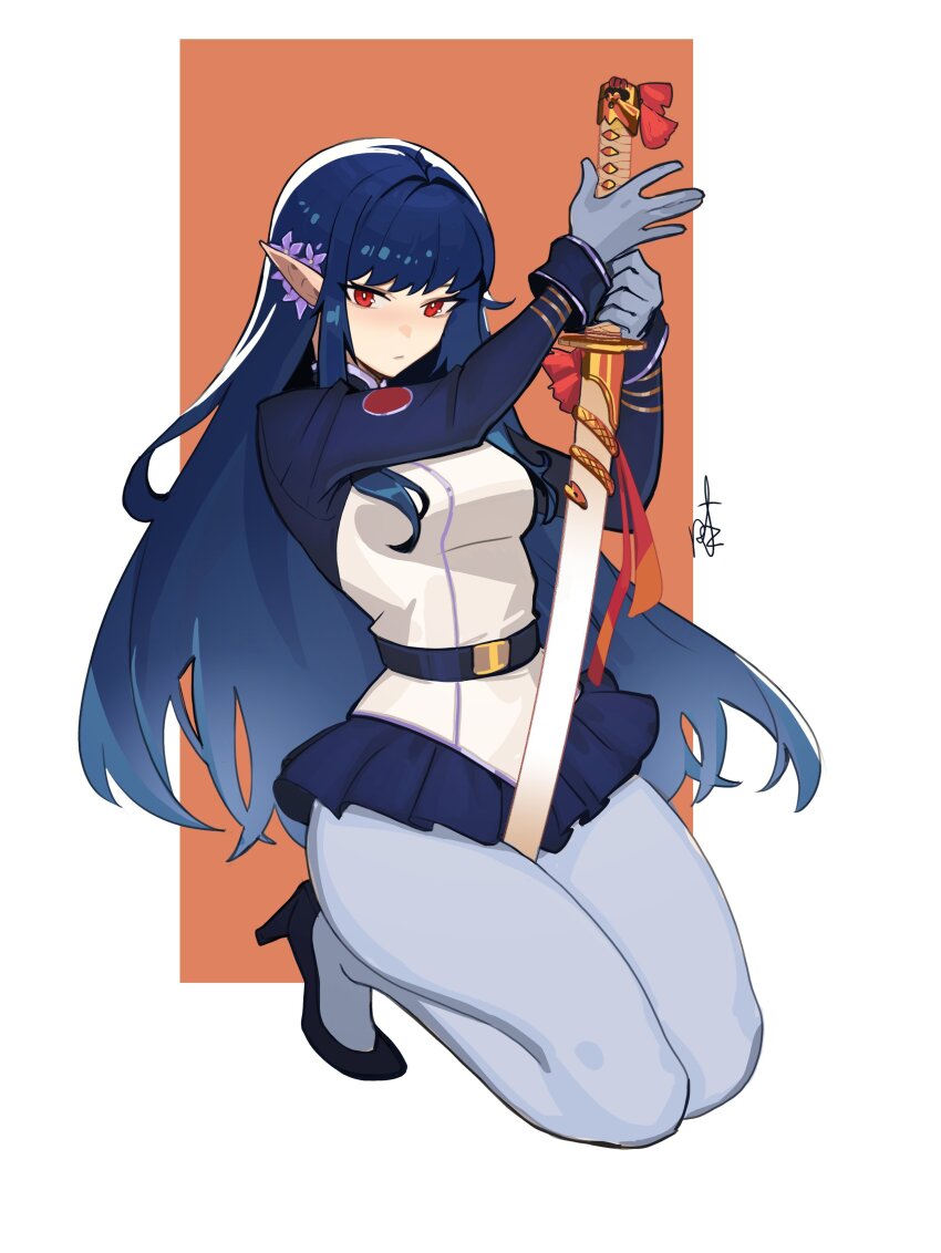 1girl absurdres belt black_belt black_shoes blue_hair blue_skirt breasts closed_mouth commission distr flower full_body gloves grey_gloves grey_pantyhose hair_flower hair_ornament hands_up high_heels highres holding holding_sword holding_weapon katana kneeling long_hair long_sleeves looking_at_viewer medium_breasts miniskirt original pantyhose pointy_ears red_eyes shoes signature skirt solo sword sword_between_thighs weapon