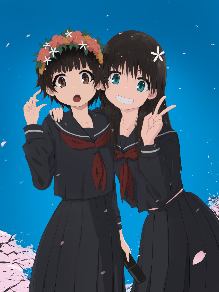 2girls absurdres black_hair blue_background blue_eyes brown_eyes cherry_blossoms commentary_request diploma_tube flower graduation grin hair_flower hair_ornament hand_on_another&#039;s_shoulder head_wreath highres long_hair long_skirt long_sleeves looking_at_viewer midriff_peek multiple_girls musaki_(msaki666) neckerchief pleated_skirt red_neckerchief sailor_collar sakugawa_school_uniform saten_ruiko school_uniform short_hair skirt smile toaru_kagaku_no_railgun toaru_majutsu_no_index uiharu_kazari v winter_uniform
