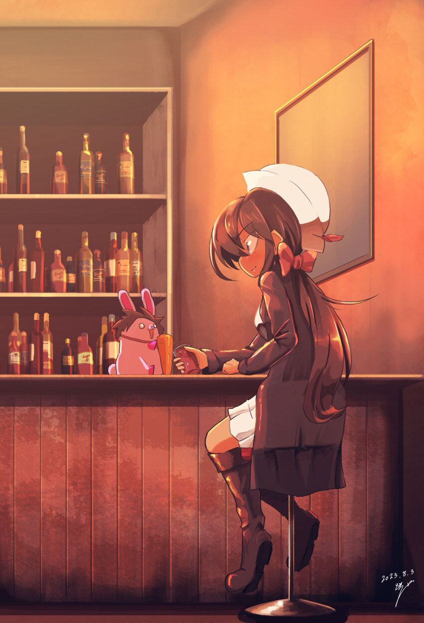 1girl artist_name artist_self-insert bar_(place) black_boots black_coat black_eyes black_hair boots bottle bow carrot closed_mouth coat commentary cup dark-skinned_female dark_skin dated dixie_cup_hat drinking_glass girls_und_panzer hair_bow hat hat_feather highres indoors jinguu_(4839ms) knee_boots long_coat long_hair long_sleeves looking_at_another military_hat miniskirt ogin_(girls_und_panzer) ooarai_naval_school_uniform open_clothes open_coat pleated_skirt ponytail rabbit red_bow sailor school_uniform signature sitting skirt smile solo stool white_hat white_skirt