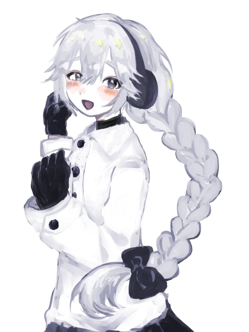 1girl black_eyes black_gloves bow braid coat gloves hair_bow headphones highres looking_at_viewer open_mouth sekka_yufu tiyu utau white_coat white_hair