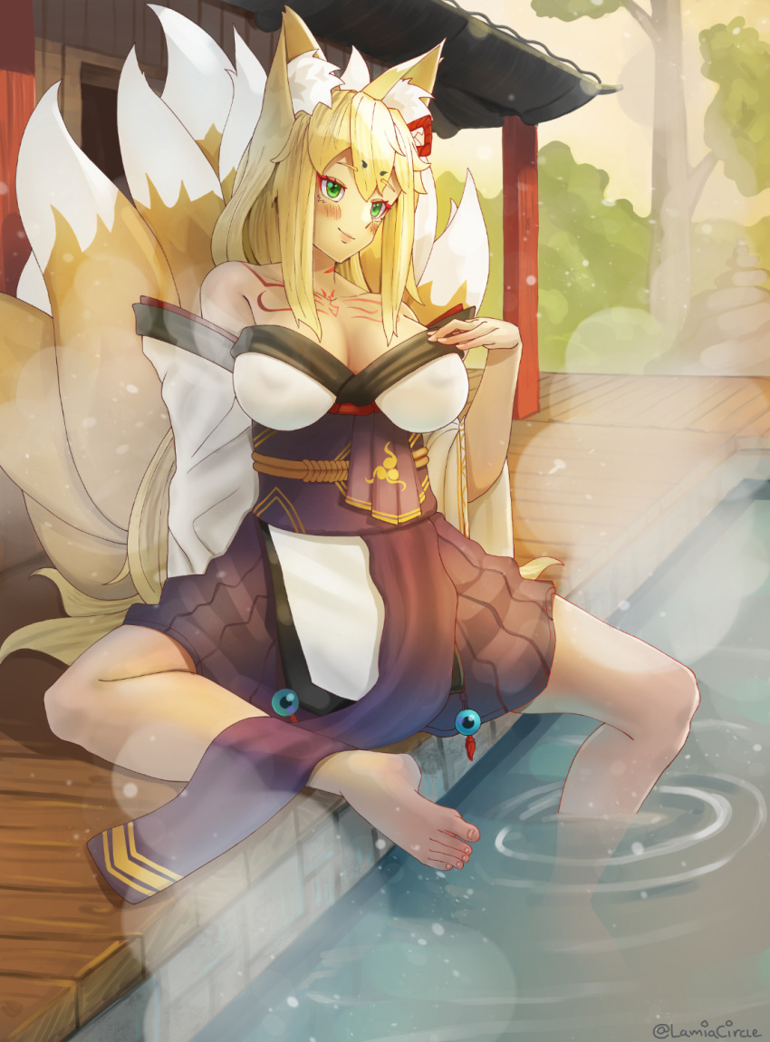 1girl aged_up animal_ear_fluff animal_ears artist_name bare_legs bare_shoulders barefoot blonde_hair blush breasts building cleavage closed_mouth collarbone commentary day english_commentary eyeshadow feet fox_ears fox_girl fox_tail full_body green_eyes hair_between_eyes hair_ribbon hakama hakama_skirt highres japanese_clothes kimono kitsune krita_(medium) lamiacircle large_breasts long_hair long_sleeves looking_ahead makeup mitsudomoe_(shape) mon-musu_quest! monster_girl multiple_tails neck_tattoo onsen outdoors pile_of_stones print_folding_fan purple_hakama purple_sash red_eyeshadow red_ribbon ribbon sash shadow sitting skirt smile soaking_feet solo spoilers steam tail tamamo_(mon-musu_quest!) tamamo_(true_form)_(mon-musu_quest!) tattoo toenails toes tomoe_(symbol) tree water white_kimono wide_sleeves