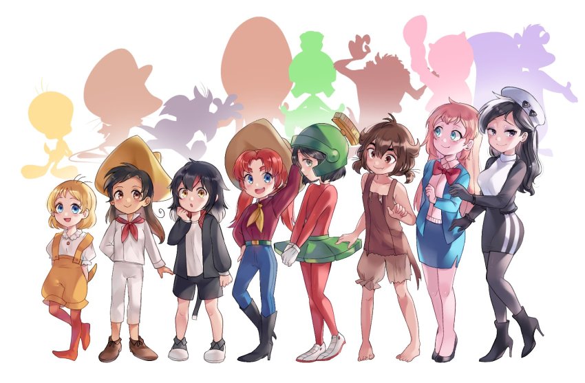 6+girls barefoot black_hair blue_eyes gender_request genderswap hat highres himuhino humanization looney_tunes marvin_the_martian mexico multicolored_hair multiple_girls pants pepe_le_pew porky_pig smile sombrero speedy_gonzales sylvester_jr._(looney_tunes) tagme taz the_tasmanian_devil tweety_bird white_hair yosemite_sam