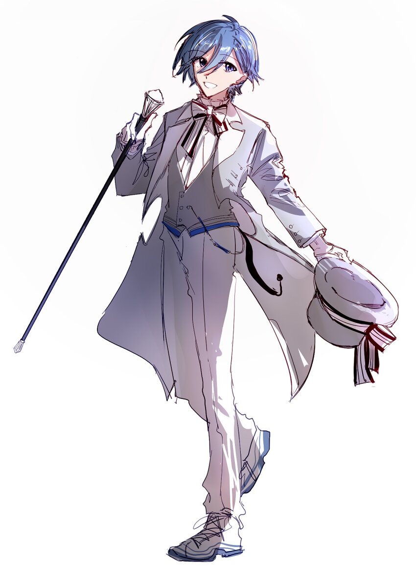 1boy blue_eyes blue_hair bow bowtie cane coat full_body gloves grey_vest hair_between_eyes hat hibioes highres holding holding_cane holding_unworn_clothes holding_unworn_hat kaito_(vocaloid) long_hair_between_eyes project_sekai shirt short_hair simple_background solo unworn_hat unworn_headwear vest vocaloid white_background white_bow white_bowtie white_coat white_gloves white_hat white_shirt wonderlands_x_showtime_kaito