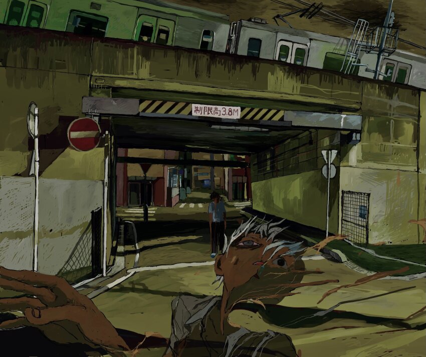 2boys bags_under_eyes black_eyes black_hair black_pants blue_eyes building collared_shirt crosswalk dissolving faceless faceless_male frown fusion hachi_(jb0c9x8nifywwtj) head_back highres male_focus melting multiple_boys multiple_unit_train open_mouth original outdoors outstretched_hand overcast overhead_line pants road road_sign shirt shoes short_hair short_sleeves sign sky split_head standing street surreal train tunnel urban very_short_hair white_hair white_shirt yellow_clouds