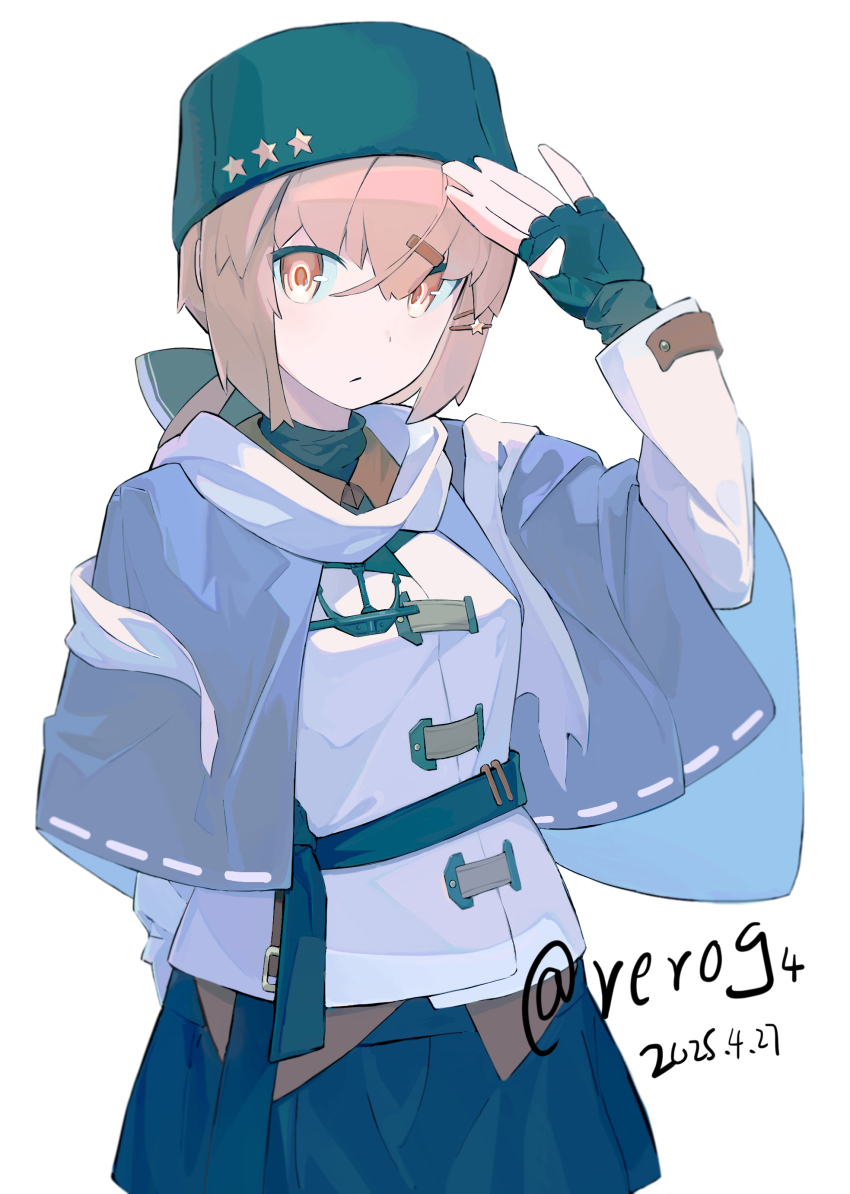 1girl absurdres arm_behind_back black_gloves black_hat black_ribbon blue_shawl brown_hair commentary dated fingerless_gloves fur_hat gloves hair_between_eyes hair_ornament hair_ribbon hairclip hat highres jacket kantai_collection long_sleeves looking_at_viewer orange_eyes papakha rerog ribbon russian_commentary scarf shawl simple_background solo star_(symbol) tashkent_(kancolle) torn_clothes torn_scarf twitter_username white_background white_scarf