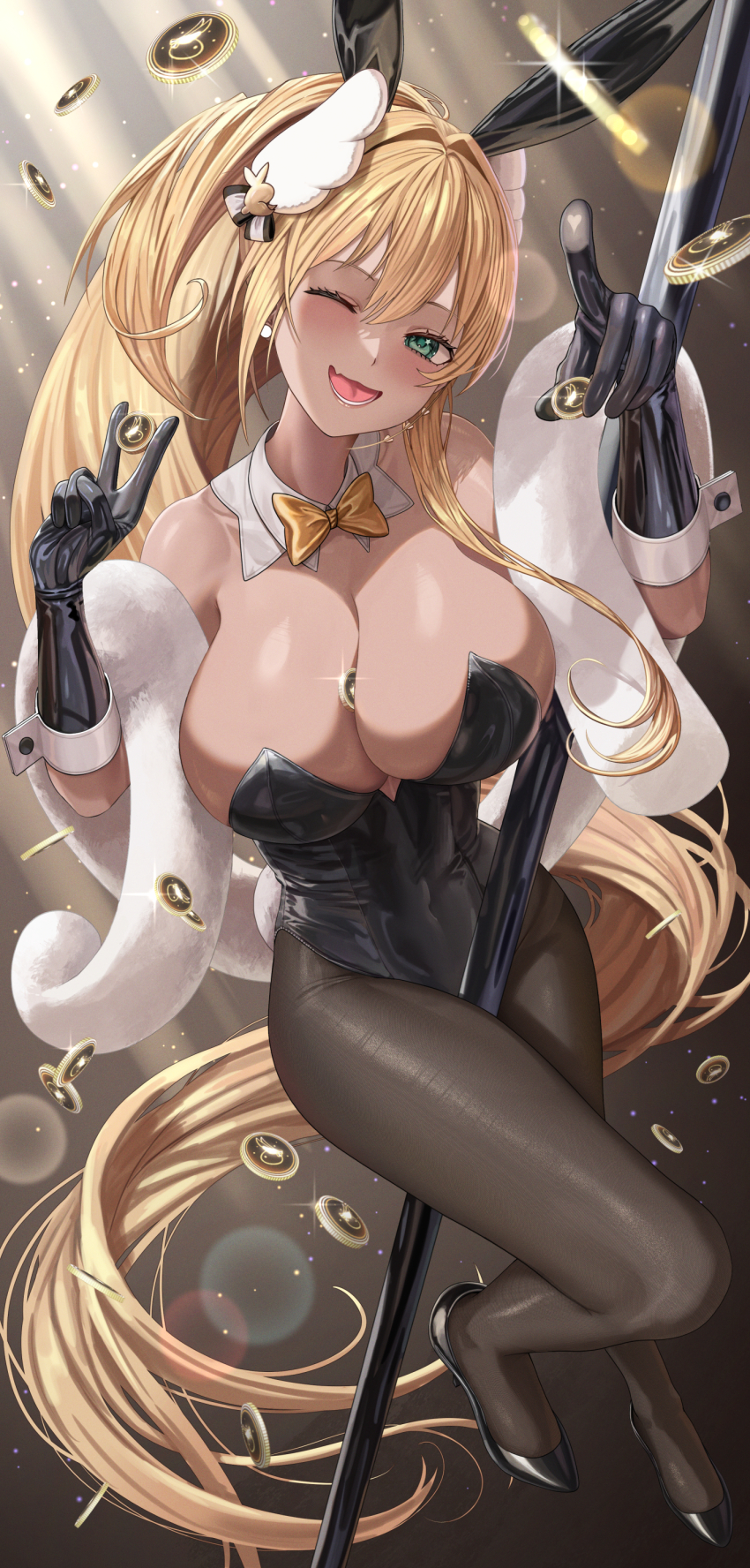 1girl absurdres animal_ears bare_shoulders black_leotard blonde_hair blush breasts cleavage detached_collar fake_animal_ears gloves goddess_of_victory:_nikke green_eyes highleg highleg_leotard highres huge_breasts leotard long_hair looking_at_viewer playboy_bunny rabbit_ears rupee_(nikke) rupee_(rabbit_deluxe)_(nikke) silvertsuki smile solo