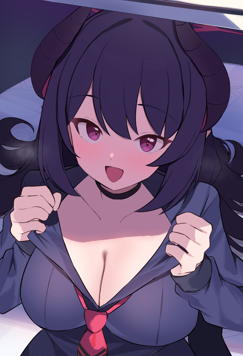 1girl black_hair black_shirt blue_archive blush breasts chiaki_(blue_archive) choker cleavage collarbone demon_horns hair_between_eyes halo highres horns long_hair looking_at_viewer medium_breasts mi_taro333 necktie open_mouth purple_eyes red_halo red_necktie shirt smile solo