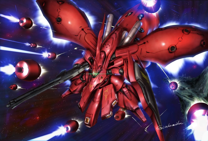akamiho asteroid axis_(gundam) beam beam_rifle char&#039;s_counterattack char&#039;s_counterattack_-_beltorchika&#039;s_children charging energy_gun firing flying funnels_(gundam) green_eyes gundam highres mecha nightingale nightingale_(gundam) no_humans robot shield signature space twitter_username weapon zero_gravity