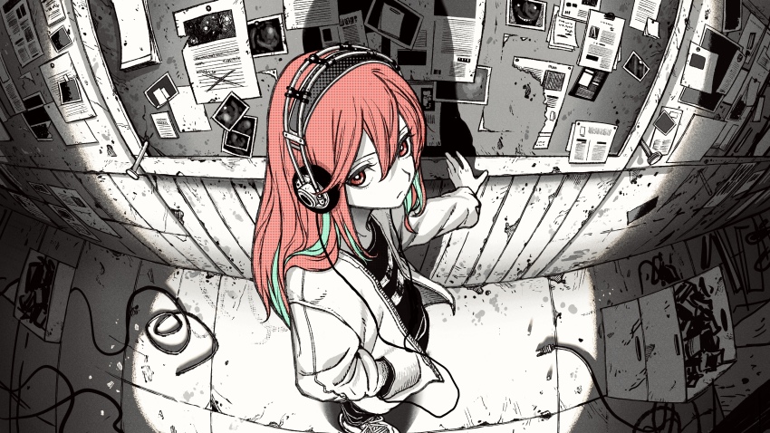 1girl absurdres fisheye from_above greyscale hand_in_pocket headphones highres hood hoodie looking_to_the_side medium_hair monochrome object_in_pocket omao original pink_hair pocket scenery solo spot_color