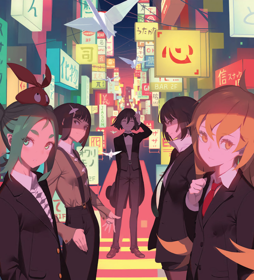 5girls black_hair black_jacket black_neckwear black_pants black_shorts blonde_hair bow bowtie brown_eyes brown_legwear brown_shirt business_suit buttons closed_mouth collared_shirt double-breasted closed_eyes formal_clothes green_eyes green_hair hair_ornament hairclip hand_up hat highres jacket kagenui_yozuru long_sleeves looking_at_viewer monogatari_(series) multiple_girls necktie neon_lights night official_art ononoki_yotsugi orange_eyes oshino_ougi oshino_shinobu outdoors pale_skin pants pantyhose parted_lips popped_collar profile red_neckwear sengoku_nadeko shirt short_hair shorts sign smile suit sunset suspenders thumbs_in_pockets traditional_bowtie twintails vofan white_shirt wing-maiden