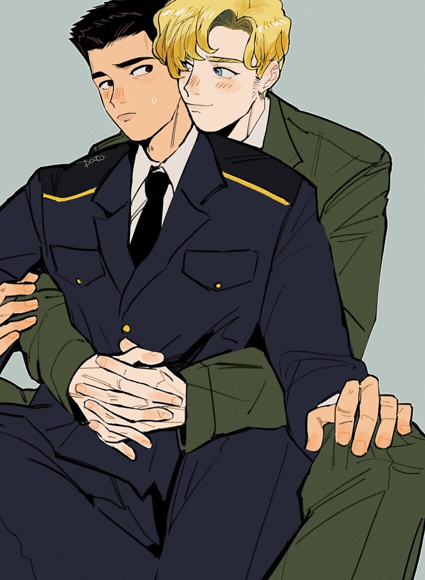 2boys ao_isami black_hair blonde_hair blush couple eye_contact facial_hair happy heads_together highres hug hug_from_behind ice_nomu interracial lewis_smith looking_at_another male_focus medium_sideburns military_uniform multiple_boys nose_blush pants sideburns_stubble sitting smile stubble thick_eyebrows yaoi yuuki_bakuhatsu_bang_bravern