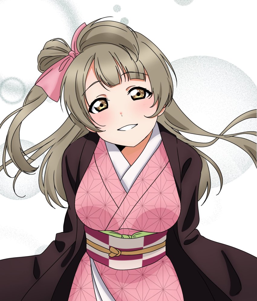 1girl :d blush bow brown_eyes brown_hair checkered_sash cosplay hair_bow hair_ornament hair_rings haori highres japanese_clothes kamado_nezuko kamado_nezuko_(cosplay) kimetsu_no_yaiba kimono long_hair long_sleeves looking_at_viewer love_live! love_live!_school_idol_project mei_hinamatsu minami_kotori obi one_side_up open_mouth pink_kimono sash simple_background single_hair_ring smile solo