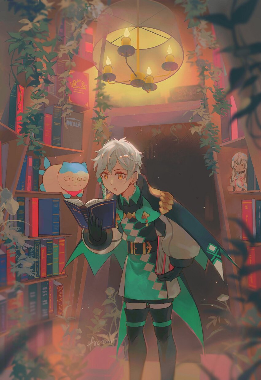 1boy anocurry artist_name belt bespectacled black_gloves blurry blurry_foreground book character_doll clanne_(fire_emblem) commentary doll english_commentary fire_emblem fire_emblem_engage glasses gloves grey_hair highres holding holding_book indoors leaning_forward library male_focus nintendo open_book reading sommie_(fire_emblem) standing veyle_(fire_emblem) yellow_eyes