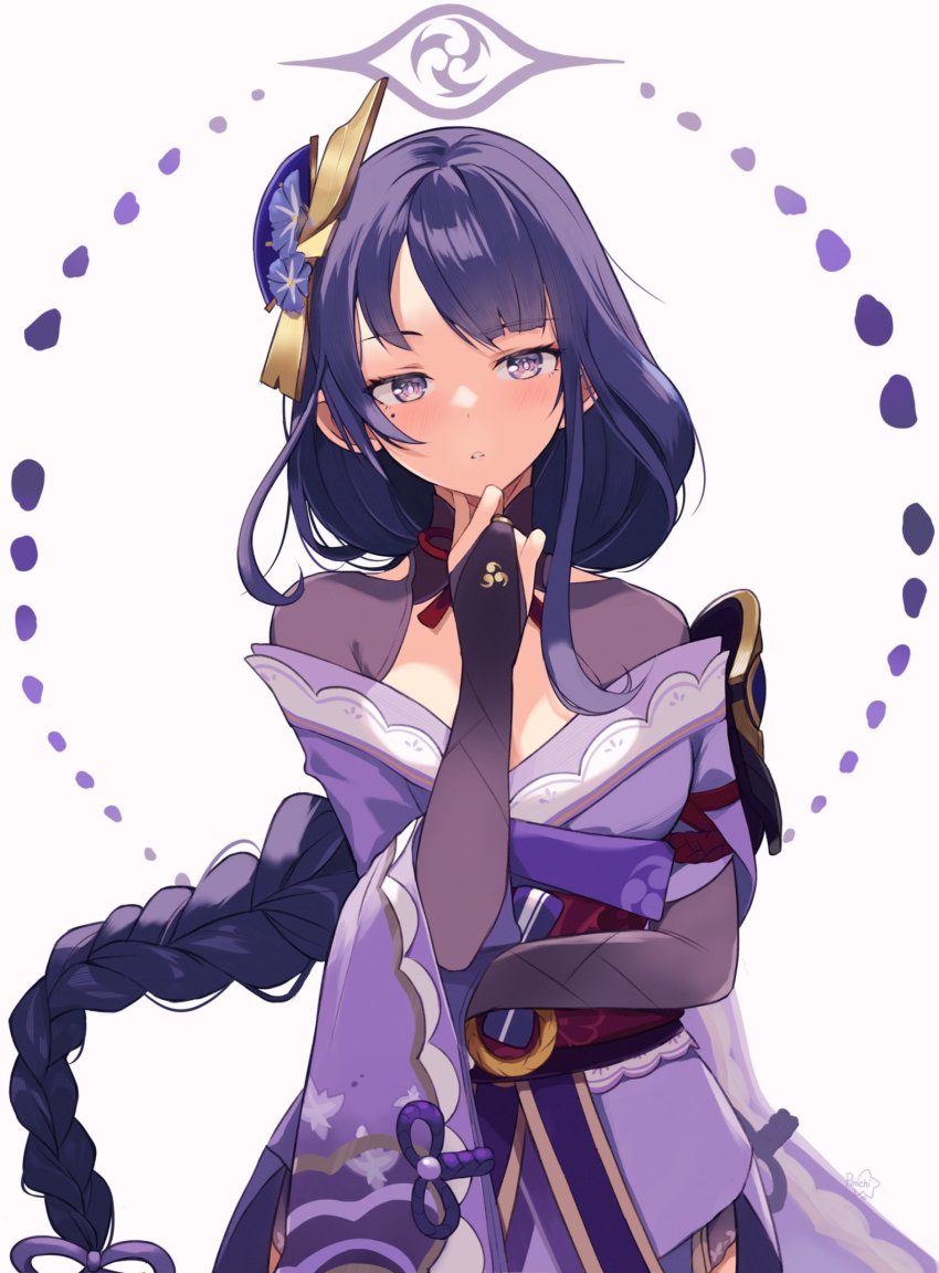 1girl armor asagawa_mikan_(peachy_michi) braid bridal_gauntlets cowboy_shot genshin_impact hand_on_own_chin hand_on_own_stomach highres japanese_clothes kimono long_hair looking_at_viewer low-braided_long_hair low-tied_long_hair mitsudomoe_(shape) mole mole_under_eye obiage obijime parted_lips purple_eyes purple_hair purple_kimono raiden_shogun shoulder_armor single_braid solo tomoe_(symbol) wide_sleeves