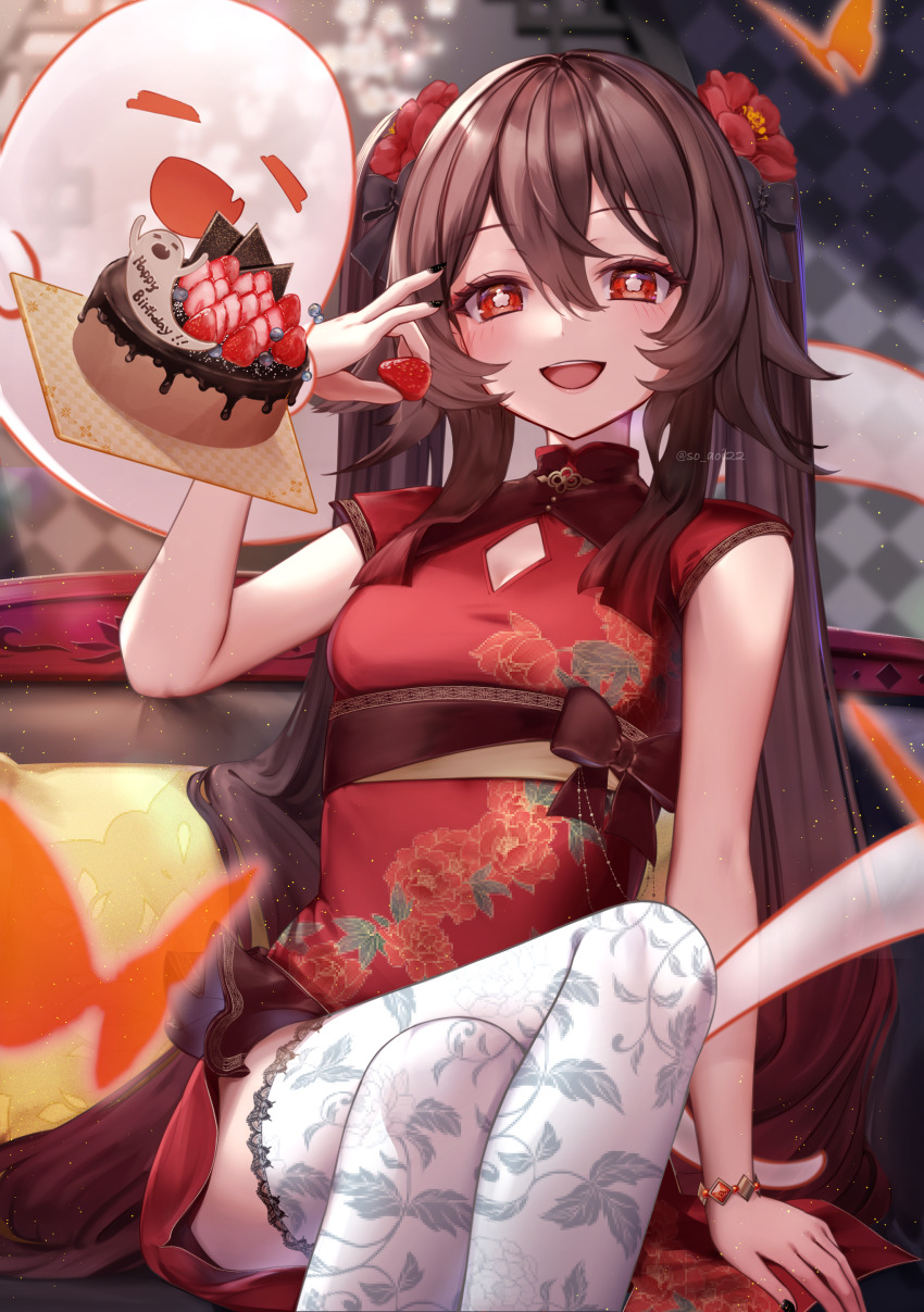 1girl absurdres alternate_costume asahi_(vjss4548) black_nails boo_tao_(genshin_impact) bracelet breasts brown_hair cake china_dress chinese_clothes commentary_request crossed_legs dress floral_print flower flower-shaped_pupils food fruit genshin_impact hair_between_eyes hair_flower hair_ornament highres holding holding_food holding_fruit hu_tao_(genshin_impact) jewelry lace lace-trimmed_legwear lace_trim long_hair looking_at_viewer open_mouth red_dress red_eyes red_flower sitting small_breasts solo strawberry symbol-shaped_pupils thighhighs twintails twitter_username very_long_hair white_thighhighs