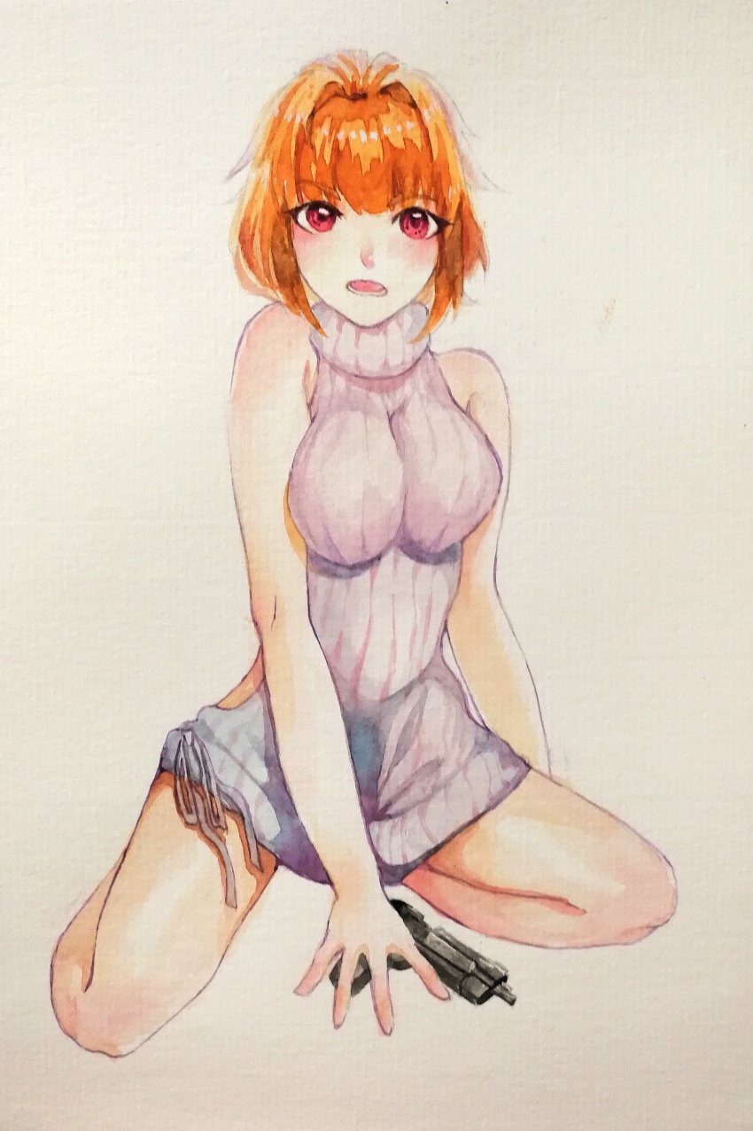 1girl absurdres bare_arms bare_shoulders breasts cini dress full_body girls&#039;_frontline grizzly_mkv_(girls&#039;_frontline) gun handgun highres impossible_clothes kneeling l.a.r._manufacturing lar_grizzly_win_mag looking_at_viewer medium_breasts meme_attire open_mouth orange_hair pistol purple_eyes ribbed_sweater simple_background solo sweater sweater_dress traditional_media turtleneck turtleneck_sweater virgin_killer_sweater weapon white_background