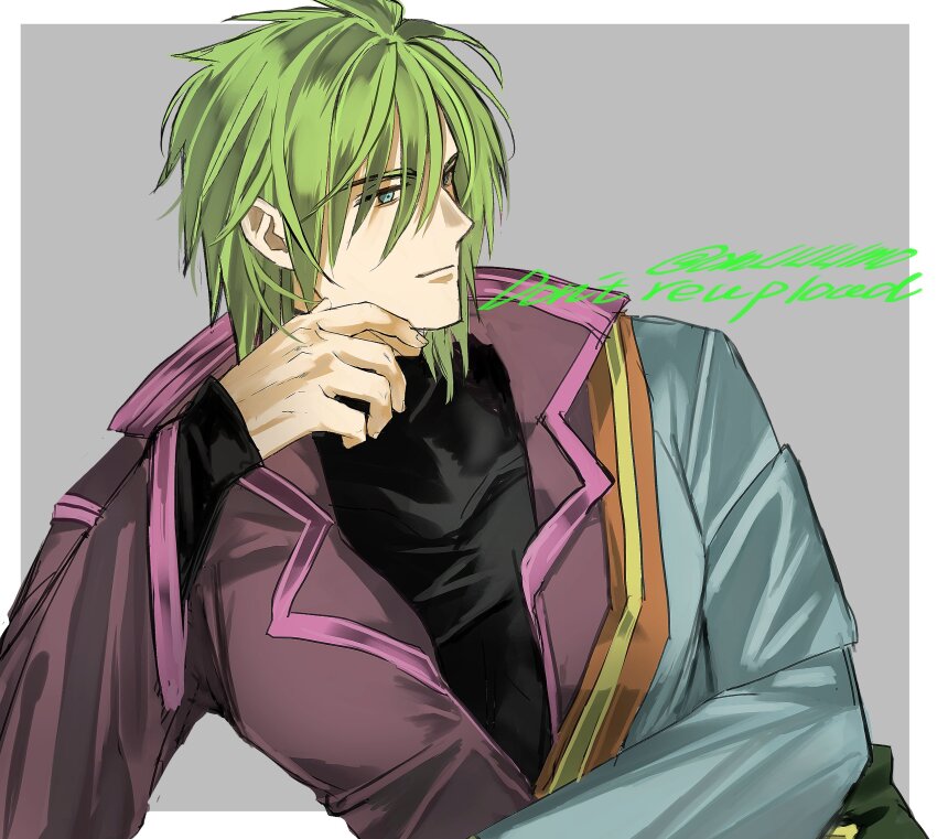 1boy arm_out_of_sleeve black_undershirt blue_eyes closed_mouth fire_emblem fire_emblem:_radiant_dawn green_hair highres jacket looking_to_the_side male_focus nintendo omlililimo purple_jacket solo stefan_(fire_emblem)