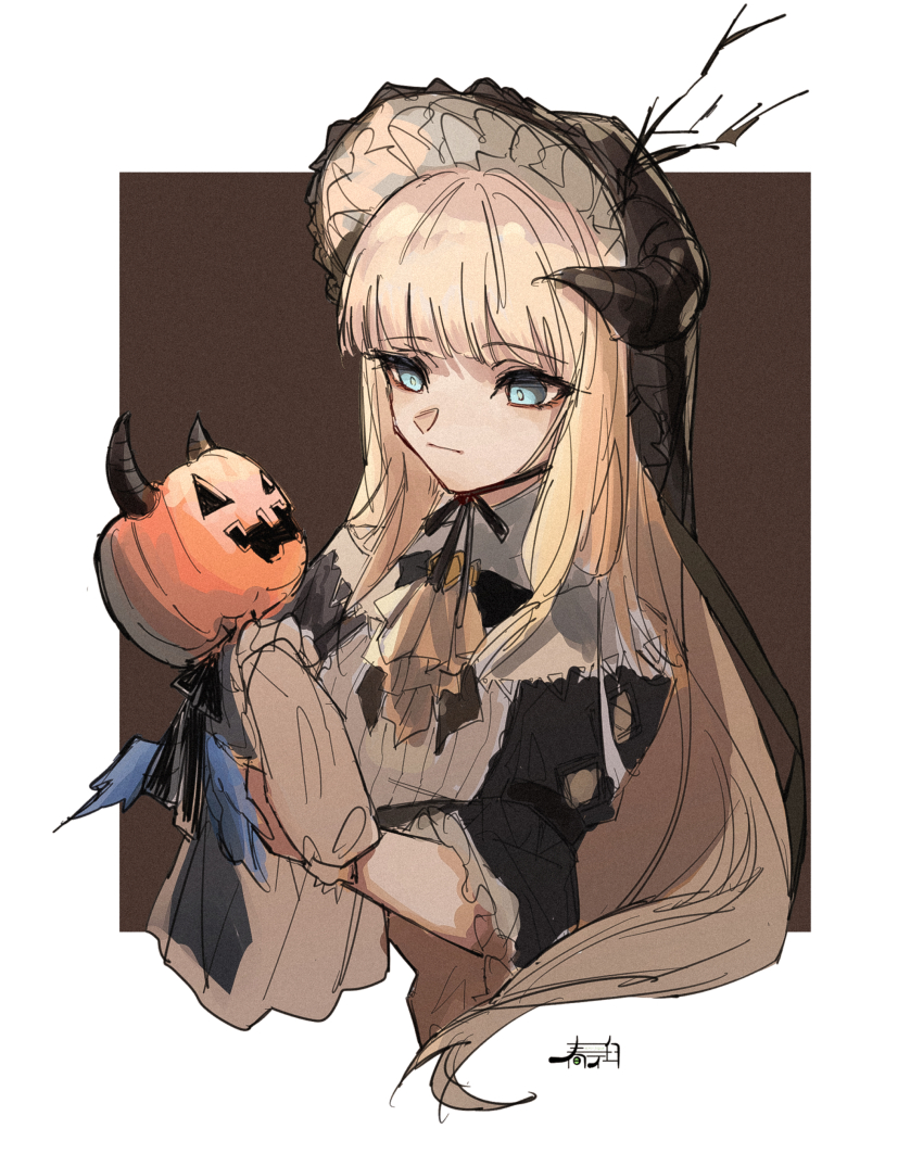 1girl absurdres arknights black_dress blonde_hair blue_eyes bonnet brown_background character_request check_character closed_mouth cropped_torso dress harukan_tiusu highres holding horns jack-o&#039;-lantern long_hair nightingale_(arknights) puffy_short_sleeves puffy_sleeves short_sleeves solo two-tone_background upper_body very_long_hair white_background