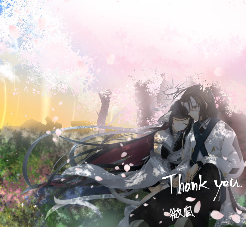 1boy 1girl absurdres animal_ears artist_name bare_shoulders black_hair cat_tail cherry_blossoms choker closed_eyes commission detached_sleeves hair_ribbon haku_(utawarerumono) halo head_on_another&#039;s_shoulder highres kuon_(utawarerumono) leg_warmers long_hair looking_at_another mask multicolored_hair outdoors red_hair ribbon short_hair sidelocks sitting skeb_commission soyokaze_(breezefu00) swept_bangs tail thank_you tree two-tone_hair utawarerumono utawarerumono:_lost_flag very_long_hair yukaura