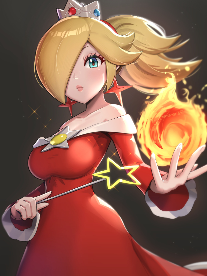 1girl absurdres alternate_color aqua_eyes bare_shoulders blonde_hair breasts brooch cleavage collarbone commentary crown dress earrings fire fire_rosalina fireball gonzarez hair_over_one_eye half-closed_eyes highres jewelry large_breasts long_hair long_sleeves mario_(series) nintendo off-shoulder_dress off_shoulder official_alternate_costume one_eye_covered ponytail red_dress rosalina solo star_(symbol) star_brooch star_earrings star_wand super_mario_3d_world