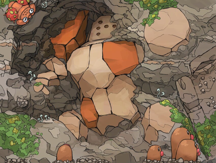 aomon_(yuuji7604) buried diglett dirt dugtrio game_freak gen_1_pokemon gen_3_pokemon highres legendary_pokemon looking_at_another moss mushroom nintendo no_humans on_wall outdoors paras partially_buried pokemon pokemon_(creature) regirock rock
