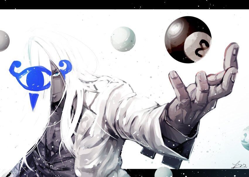 1boy ball billiard_ball black_shirt black_vest blue_eyes closed_mouth commentary_request dark-skinned_male dark_skin fingernails guilty_gear guilty_gear_strive hair_over_one_eye highres jacket lapels letterboxed long_sleeves male_focus nankou_(koutanan) notched_lapels one_eye_closed open_clothes open_jacket outstretched_arm shirt signature solo upper_body venom_(guilty_gear) vest white_jacket