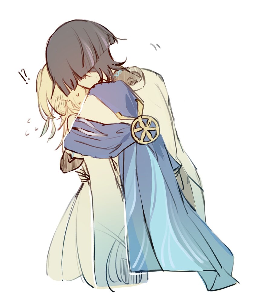 !? 1boy 1girl black_hair blonde_hair blue_cape blunt_ends blush cape cropped_legs dress feather_hair_ornament feathers flying_sweatdrops furisode genshin_impact hair_blush hair_ornament head_down hetero highres hug hug_from_behind japanese_clothes kimono lumine_(genshin_impact) mitsudomoe_(shape) multicolored_hair purple_hair samon_(vxxr8575) scaramouche_(genshin_impact) short_hair short_hair_with_long_locks short_sleeves sidelocks streaked_hair tomoe_(symbol) wanderer_(genshin_impact) white_background white_dress white_kimono white_sleeves