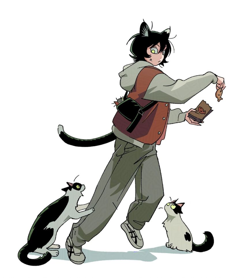 1girl alternate_costume animal_ears baggy_pants black_hair cat cat_ears cat_girl cat_tail dungeon_meshi food food_on_face from_side full_body highres hood hoodie izutsumi long_sleeves looking_at_animal multiple_cats pants robodumpling shadow short_hair simple_background tail white_background yellow_eyes