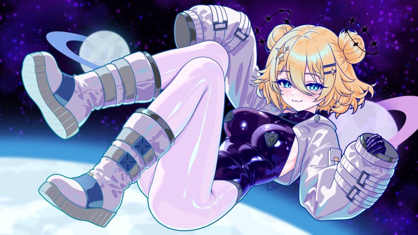1girl :3 absurdres adapted_costume blonde_hair blue_eyes blush boots breasts double_bun finn_flint hair_between_eyes hair_bun hair_ornament halftone highres in_orbit kaneko_lumi kaneko_lumi_(4th_costume) latex latex_leotard leotard looking_at_viewer pantyhose pasties phase_connect planet planetary_ring short_hair shrug_(clothing) sideboob signature sleeves_past_wrists smile solo star_(sky) star_(symbol) star_hair_ornament virtual_youtuber white_boots white_pantyhose white_shrug