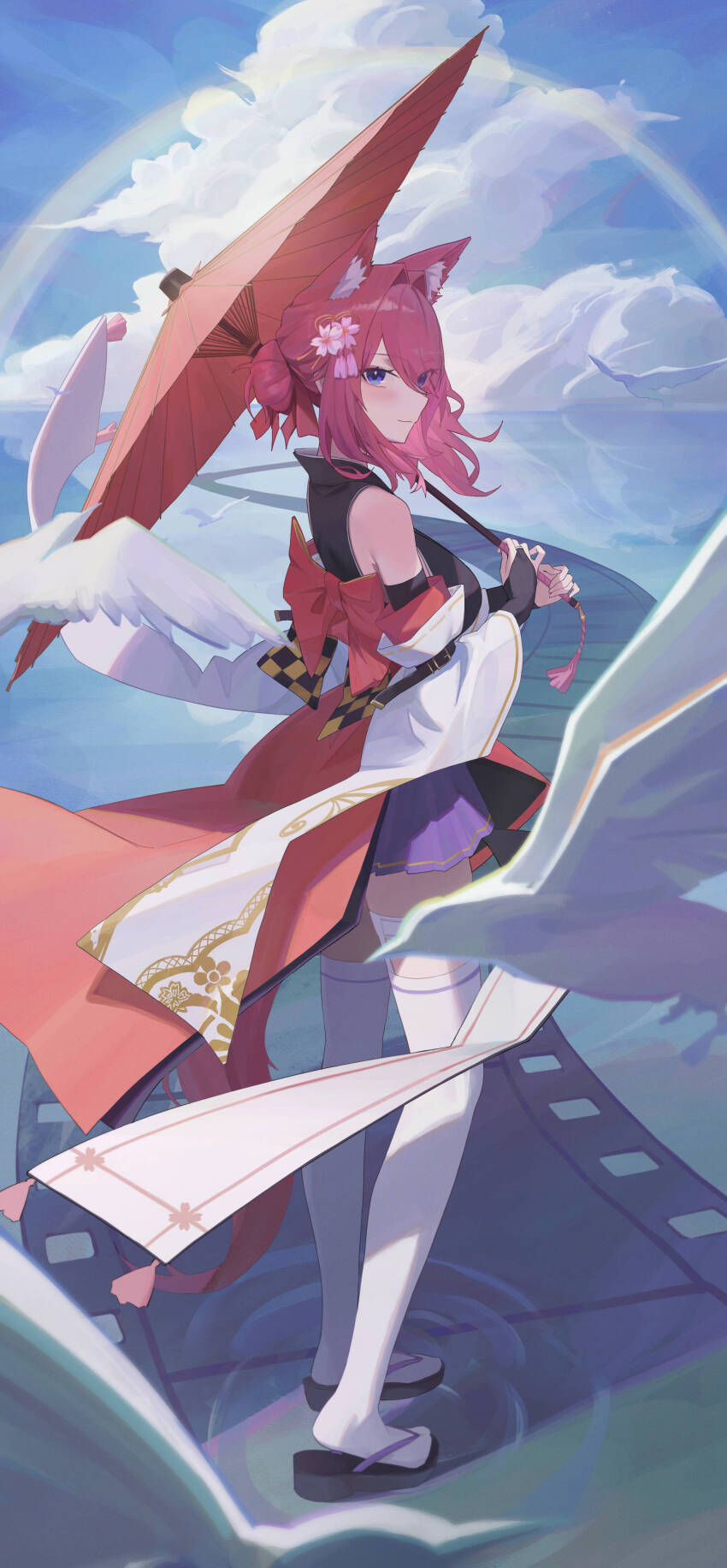 1girl absurdres animal animal_ear_fluff animal_ears back_bow bare_shoulders bird blue_eyes bow cherry_blossoms closed_mouth cloud cloudy_sky commentary_request detached_sleeves film_strip floral_print flower fox fox_ears fox_girl fox_tail full_body hair_between_eyes hair_bun hair_flower hair_ornament hakama hakama_skirt highres holding holding_umbrella japanese_clothes lake large_bow light_blush long_skirt looking_at_viewer medium_hair miniskirt oil-paper_umbrella original over-kneehighs pink_flower pink_hair print_sleeves purple_skirt rainbow red_bow red_skirt red_umbrella sandals satellite999 sidelocks skirt sky socks solo standing standing_on_liquid tail thighhighs umbrella water white_bird white_sleeves white_socks