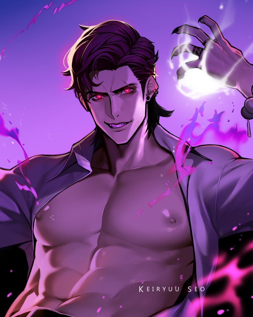 1boy abs absurdres bare_pectorals black_nails bright_pupils clenched_teeth collarbone ear_piercing earrings evil_grin evil_smile fang fingernails fire grin gwima_(kpop_demon_hunters) highres humanization jewelry keiryuu_seo kpop_demon_hunters long_fingernails looking_at_viewer male_focus muscular muscular_male nipples open_clothes open_shirt parted_bangs pectorals piercing pink_eyes purple_fire purple_hair scar scar_across_eyebrow scar_on_face shirt short_hair slit_pupils smile solo teeth white_pupils white_shirt