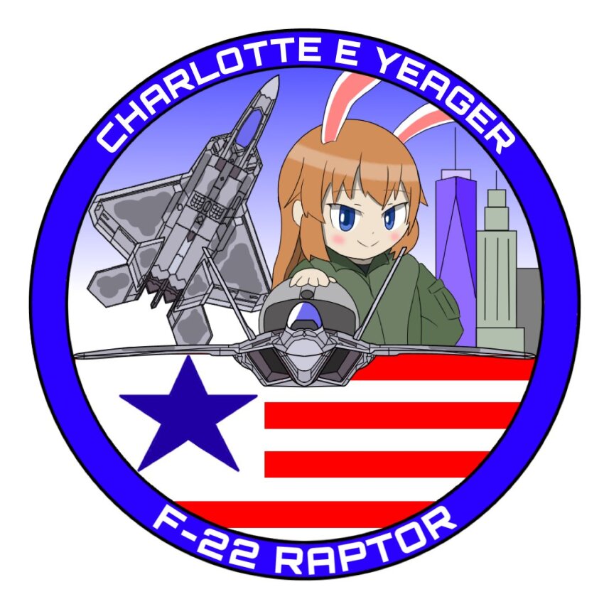 1girl aircraft animal_ears blue_eyes blush character_name charlotte_e._yeager closed_mouth commentary_request f-22_raptor helmet long_hair long_sleeves military_uniform military_vehicle orange_hair patch pilot_helmet rabbit_ears rabbit_girl simple_background smile solo sss_cccp strike_witches white_background world_witches_series