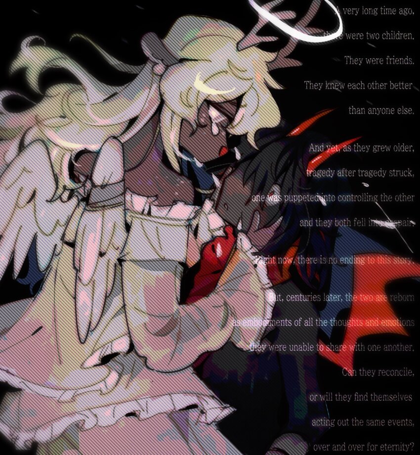 1girl 1other alternate_costume alternate_universe angel angel_and_devil angel_wings animal_ears antlers black_hair commentary deer_antlers deer_ears deer_girl deltarune demon demon_horns demon_wings dress english_commentary english_text frilled_dress frills goomyloid halo hands_on_another&#039;s_face highres horns kris_(deltarune) long_sleeves noelle_holiday off-shoulder_dress off_shoulder parted_lips red_eyes red_horns red_scarf red_wings scarf tears white_dress white_wings wings