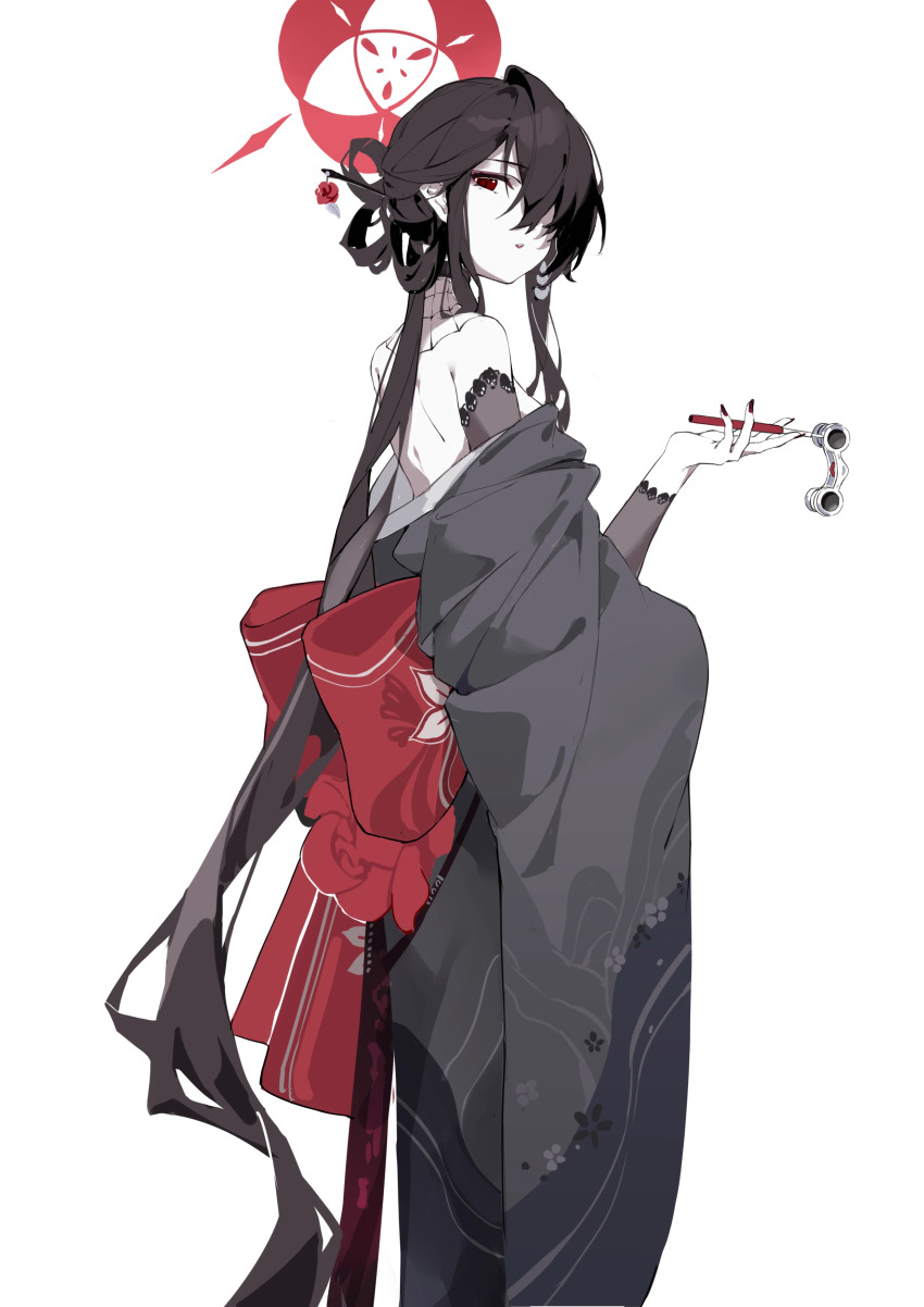 1girl absurdres black_hair black_nails blue_archive breasts corrupted_twitter_file fingernails grey_kimono hair_ornament hair_over_one_eye hair_stick halo highres holding japanese_clothes kimono kirschma kokuriko_(blue_archive) long_hair long_sleeves medium_breasts nail_polish obi opera_glasses parted_lips red_eyes red_halo sash simple_background solo very_long_hair white_background